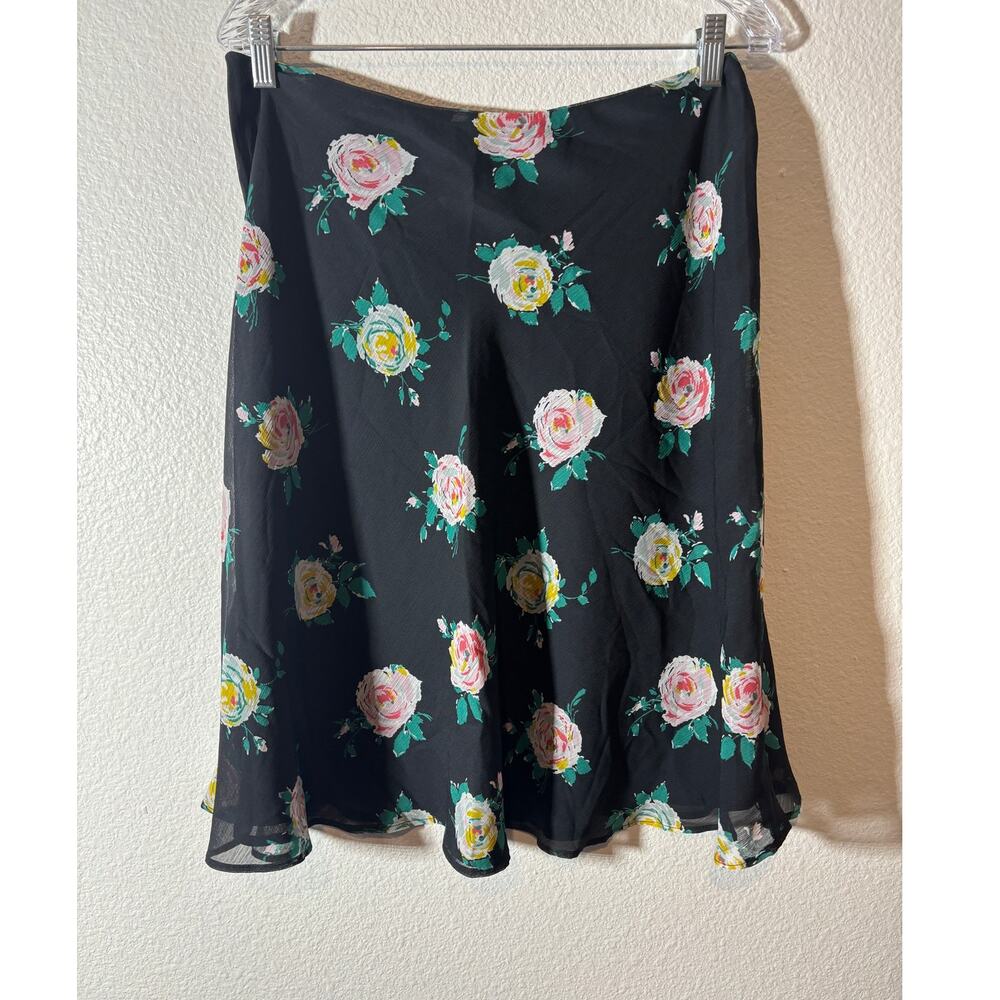 Boden Women's Size 8 Black Pink Floral Flowy Skirt Chiffon Knee-Length Side-Zip - Picture 2 of 5